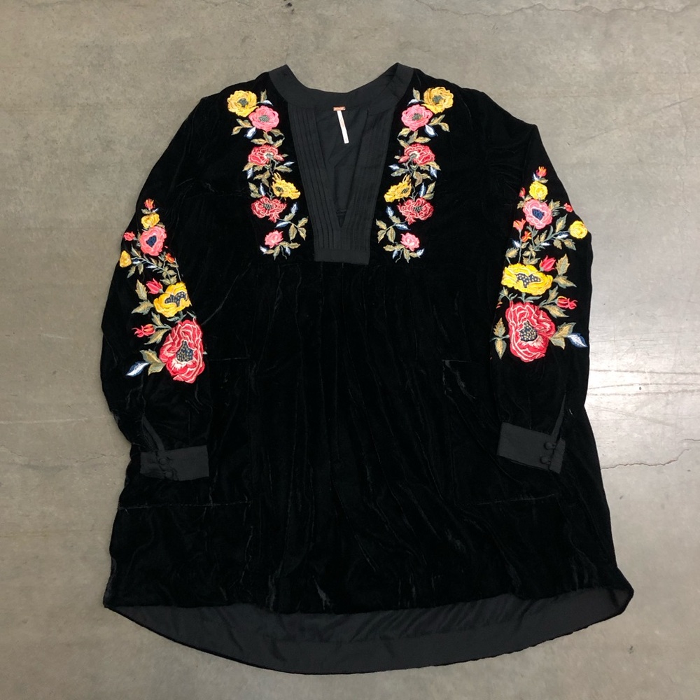 Free People Mia Embroidered Floral Black Velvet Mini Dress Women’s XS